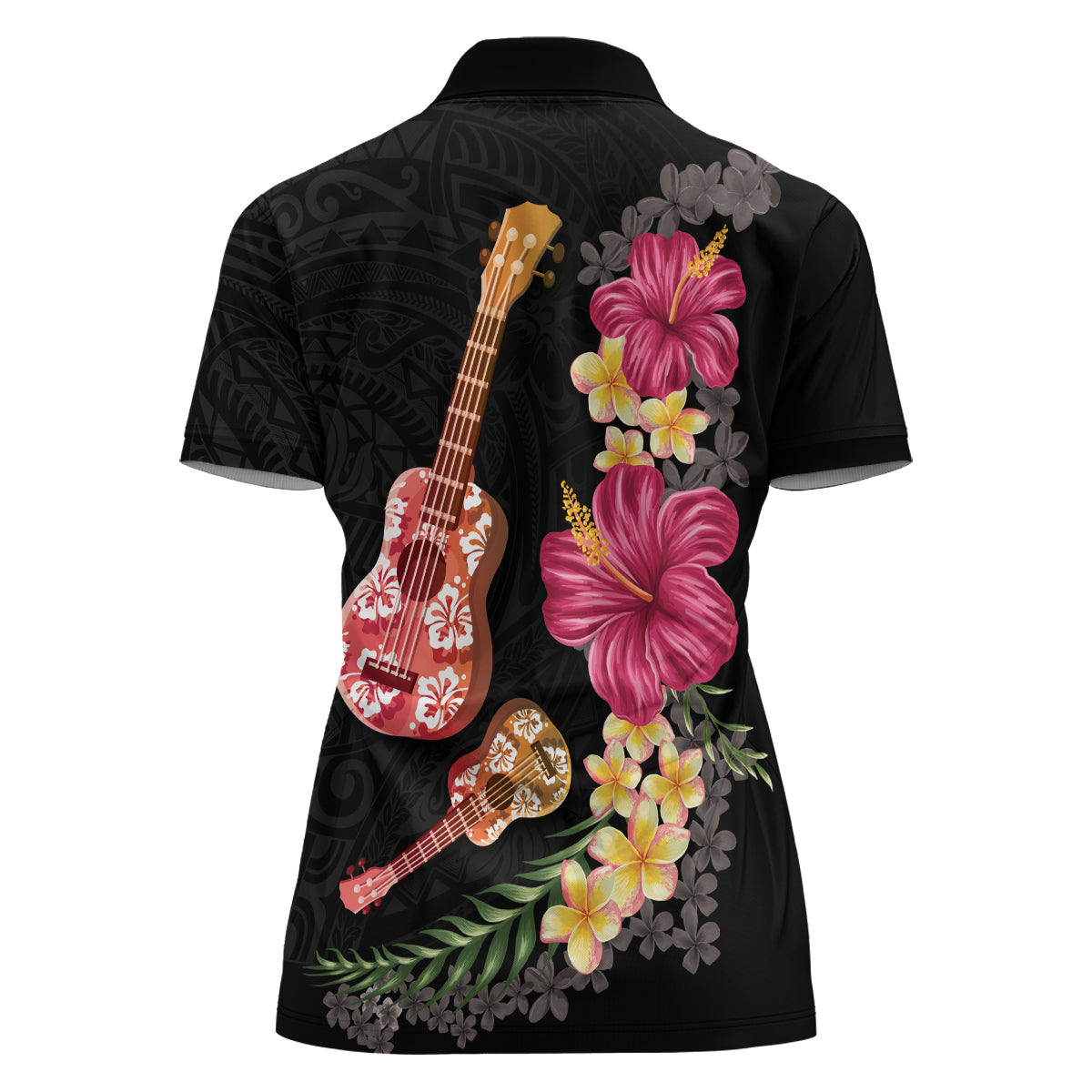 Ukulele mix Polynesian Flower Women Polo Shirt Hawaiian Tribal Pattern