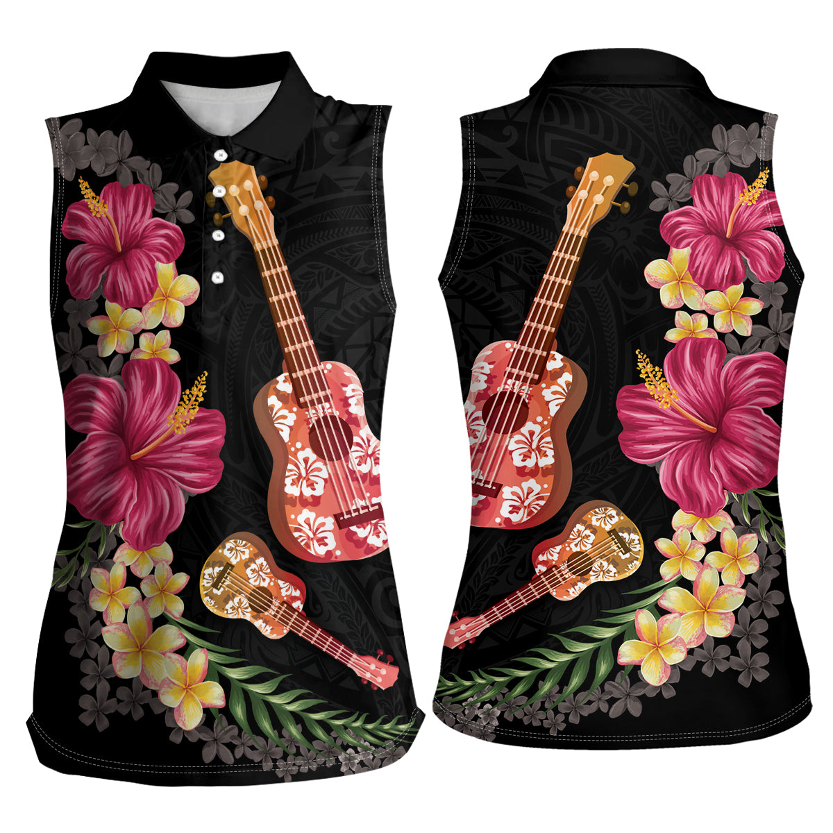 Ukulele mix Polynesian Flower Women Sleeveless Polo Shirt Hawaiian Tribal Pattern