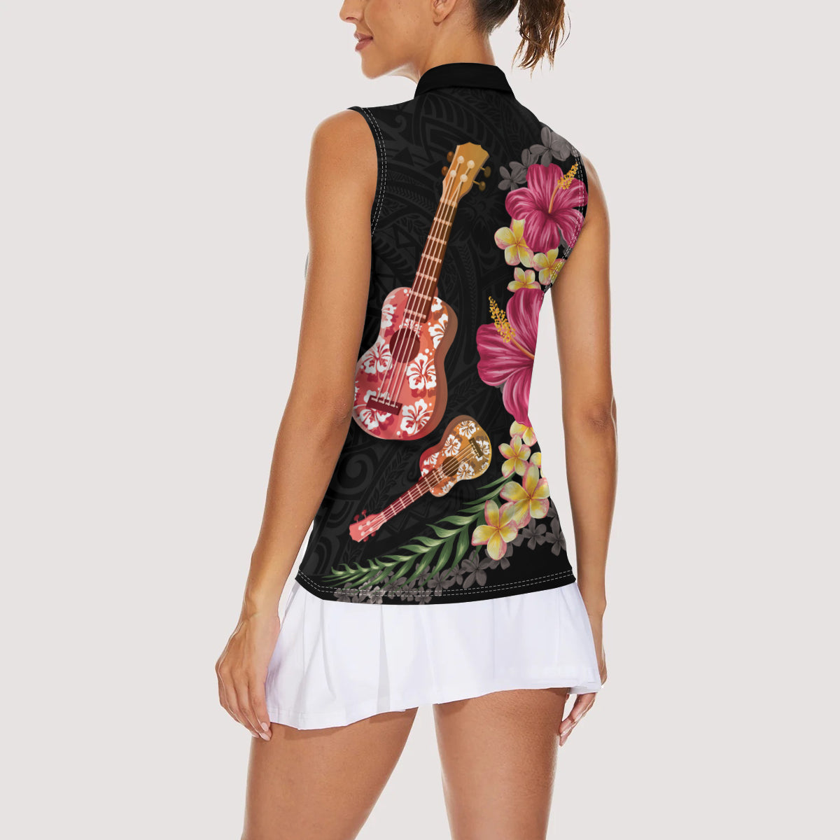 Ukulele mix Polynesian Flower Women Sleeveless Polo Shirt Hawaiian Tribal Pattern