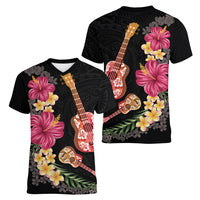 Ukulele mix Polynesian Flower Women V-Neck T-Shirt Hawaiian Tribal Pattern