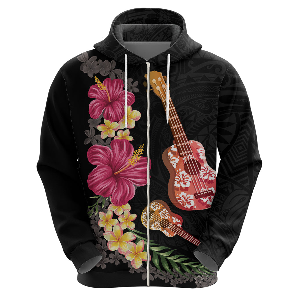 Ukulele mix Polynesian Flower Zip Hoodie Hawaiian Tribal Pattern