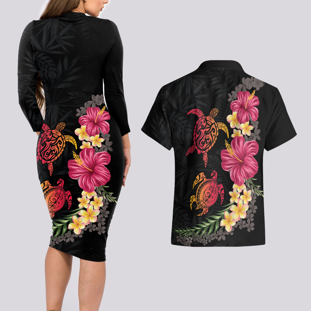 Hawaiian Flower and Tribal Turtle Couples Matching Long Sleeve Bodycon Dress and Hawaiian Shirt Colorful Style LT03 - Polynesian Pride