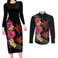 Hawaiian Flower and Tribal Turtle Couples Matching Long Sleeve Bodycon Dress and Long Sleeve Button Shirt Colorful Style