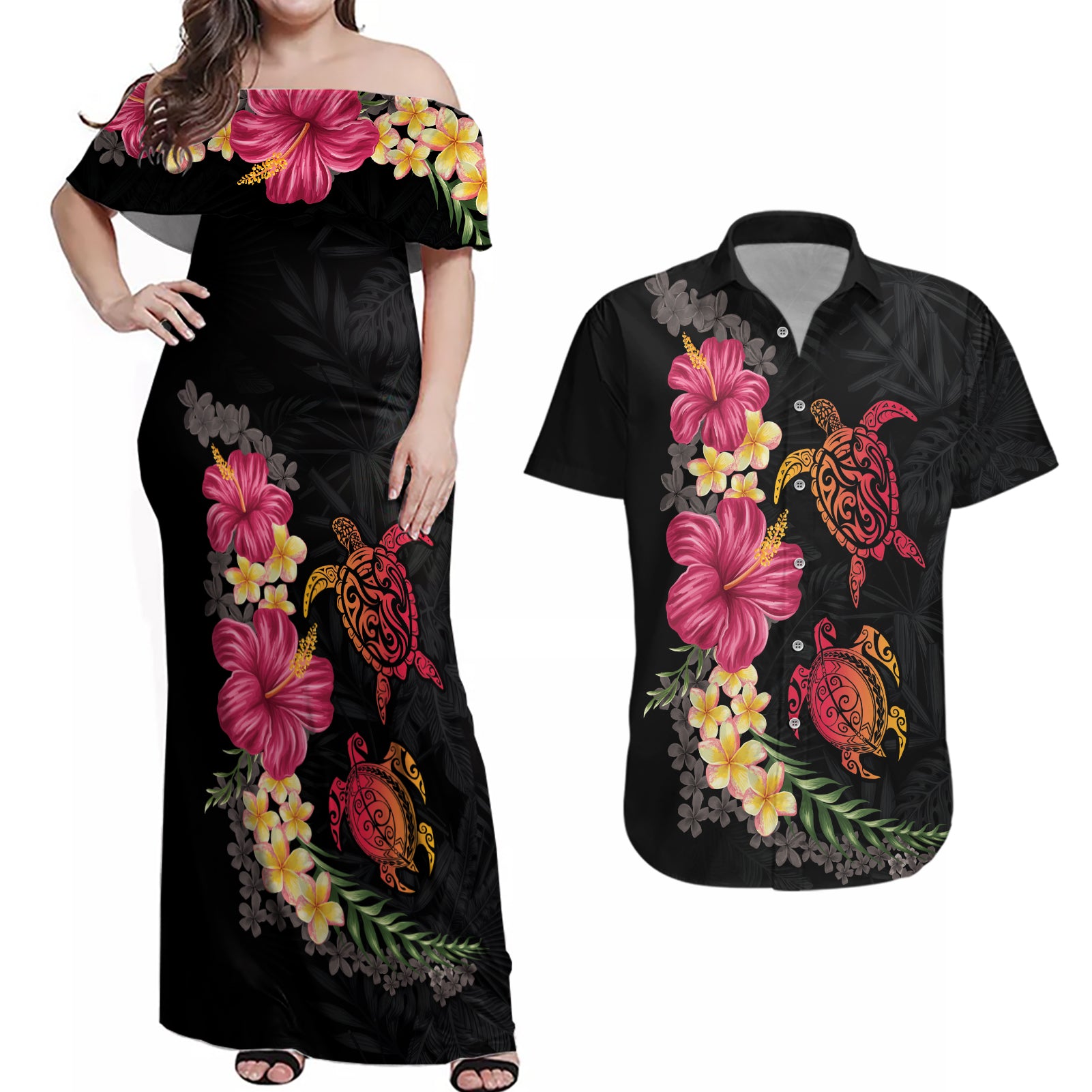 Hawaiian Flower and Tribal Turtle Couples Matching Off Shoulder Maxi Dress and Hawaiian Shirt Colorful Style