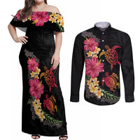Hawaiian Flower and Tribal Turtle Couples Matching Off Shoulder Maxi Dress and Long Sleeve Button Shirt Colorful Style