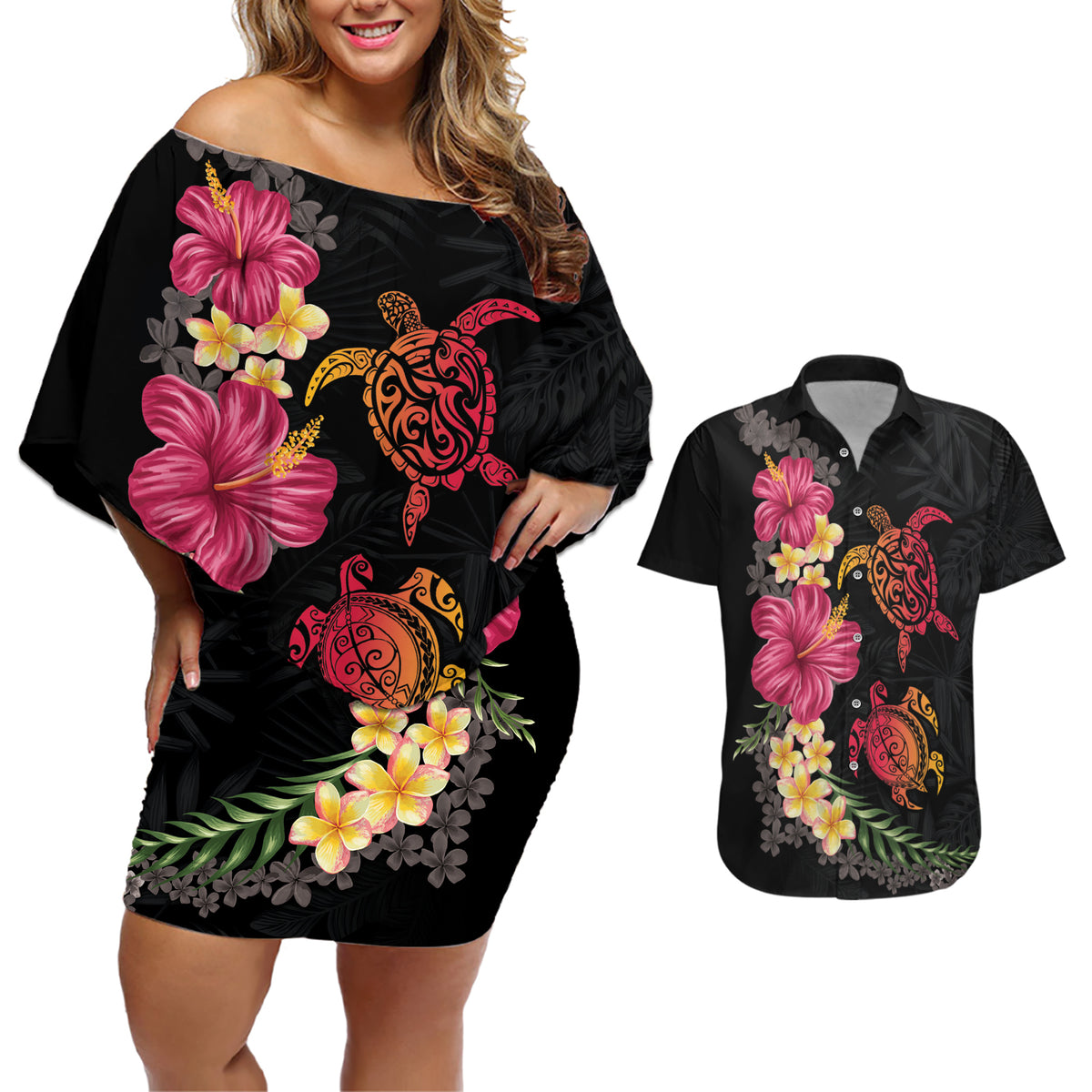 Hawaiian Flower and Tribal Turtle Couples Matching Off Shoulder Short Dress and Hawaiian Shirt Colorful Style