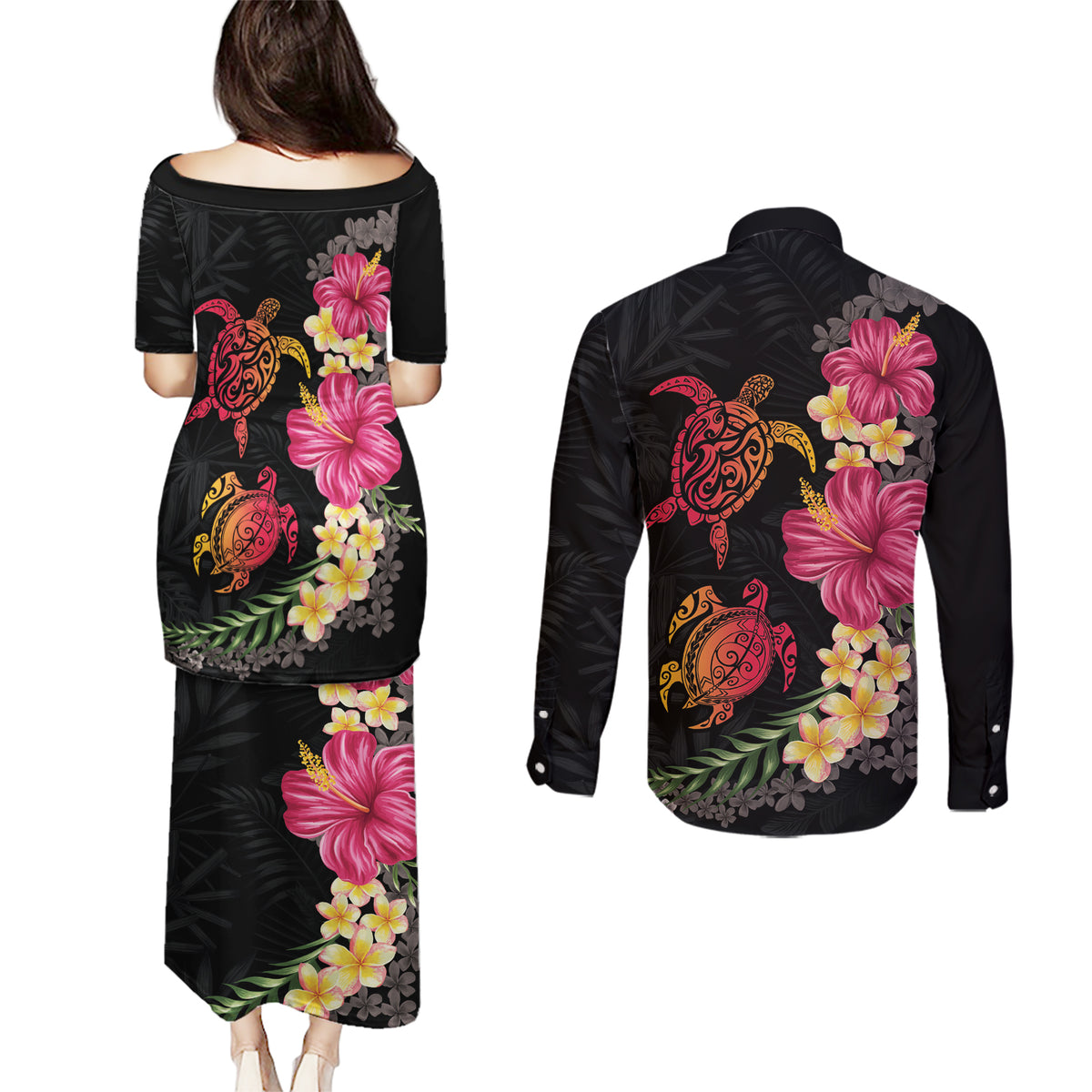 Hawaiian Flower and Tribal Turtle Couples Matching Puletasi and Long Sleeve Button Shirt Colorful Style