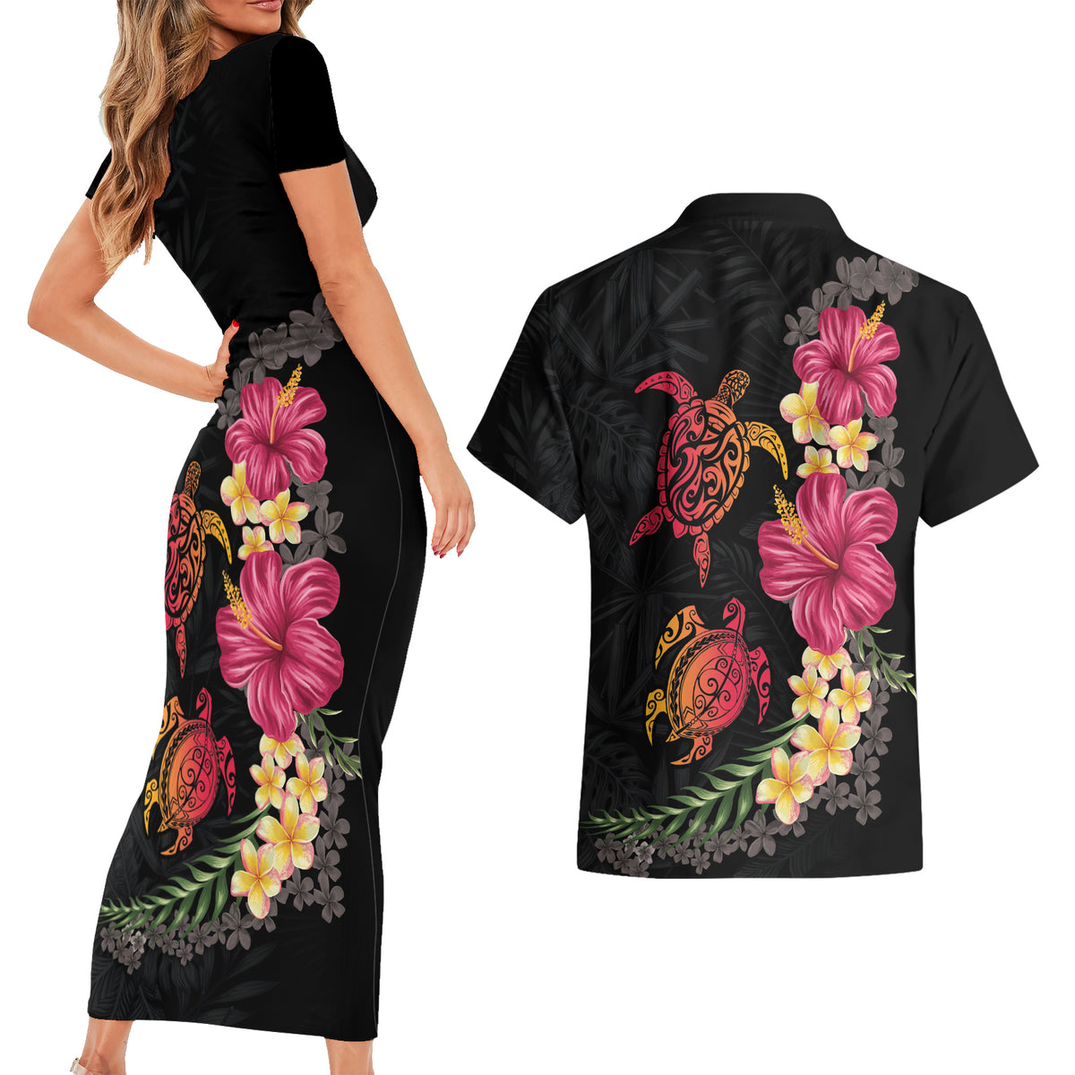 Hawaiian Flower and Tribal Turtle Couples Matching Short Sleeve Bodycon Dress and Hawaiian Shirt Colorful Style LT03 - Polynesian Pride