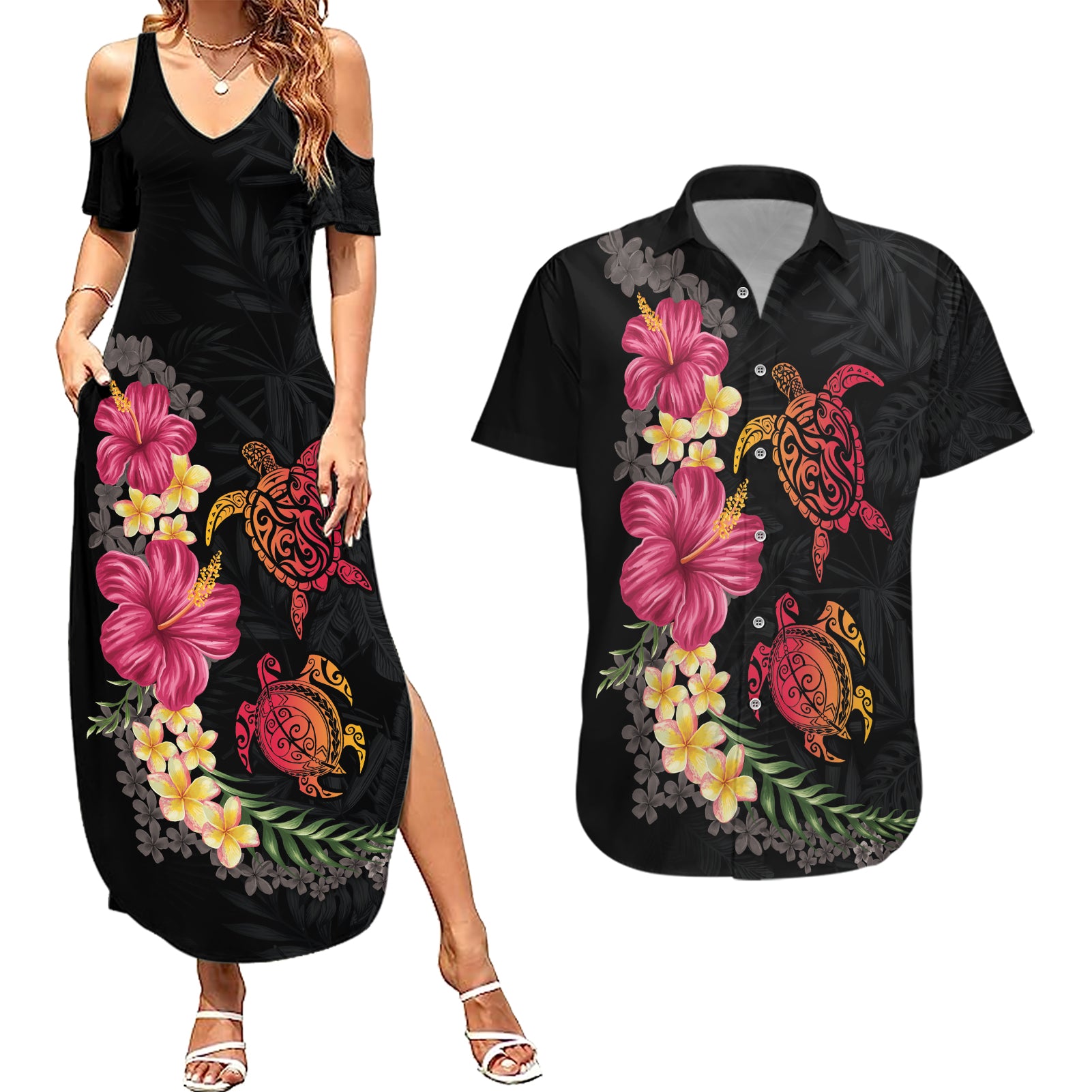 Hawaiian Flower and Tribal Turtle Couples Matching Summer Maxi Dress and Hawaiian Shirt Colorful Style