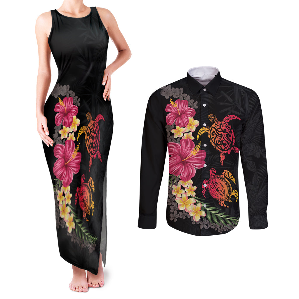Hawaiian Flower and Tribal Turtle Couples Matching Tank Maxi Dress and Long Sleeve Button Shirt Colorful Style