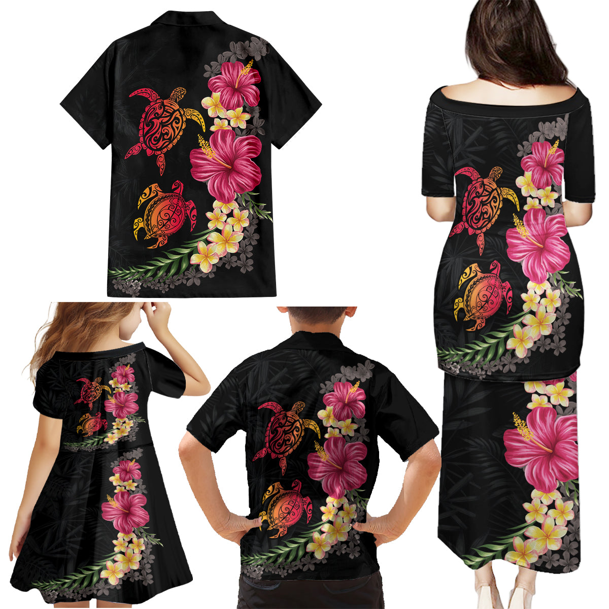 Hawaiian Flower and Tribal Turtle Family Matching Puletasi and Hawaiian Shirt Colorful Style