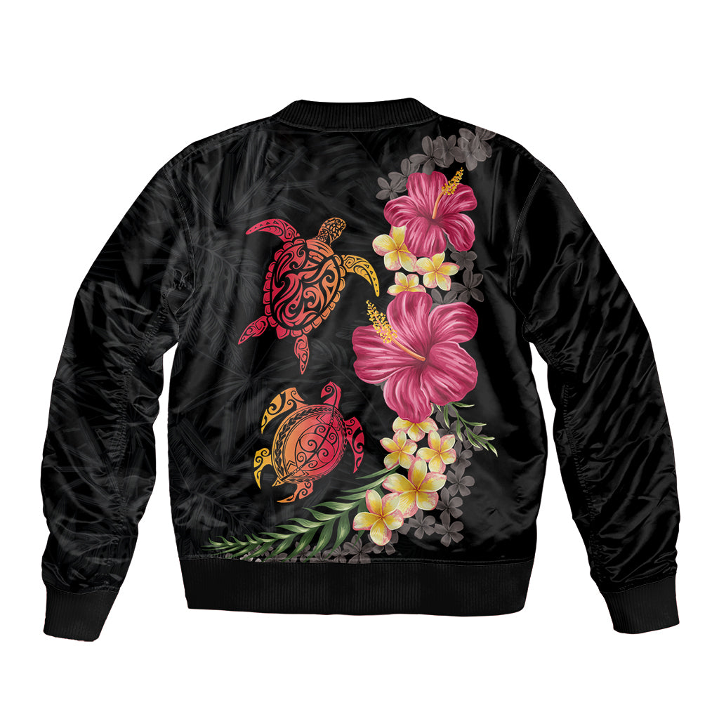 Hawaiian Flower and Tribal Turtle Sleeve Zip Bomber Jacket Colorful Style LT03 - Polynesian Pride