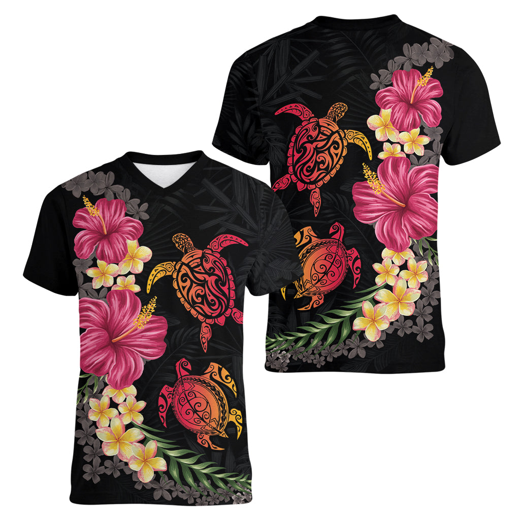Hawaiian Flower and Tribal Turtle Women V-Neck T-Shirt Colorful Style