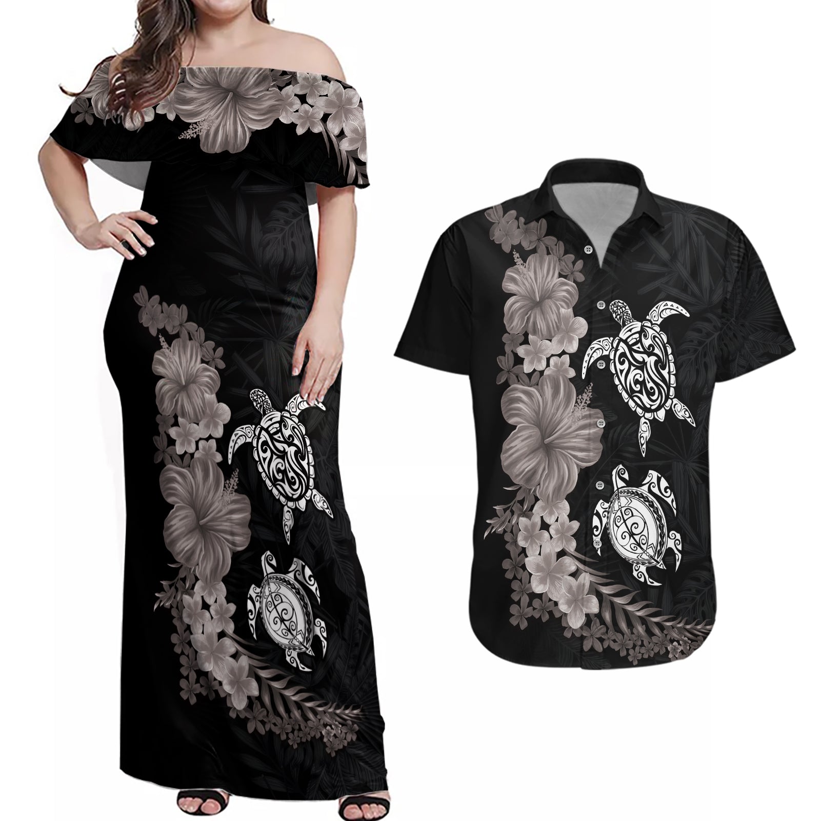 Hawaiian Flower and Tribal Turtle Couples Matching Off Shoulder Maxi Dress and Hawaiian Shirt Grayscale Mode