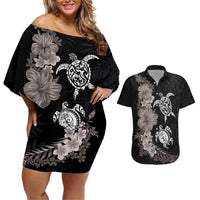 Hawaiian Flower and Tribal Turtle Couples Matching Off Shoulder Short Dress and Hawaiian Shirt Grayscale Mode