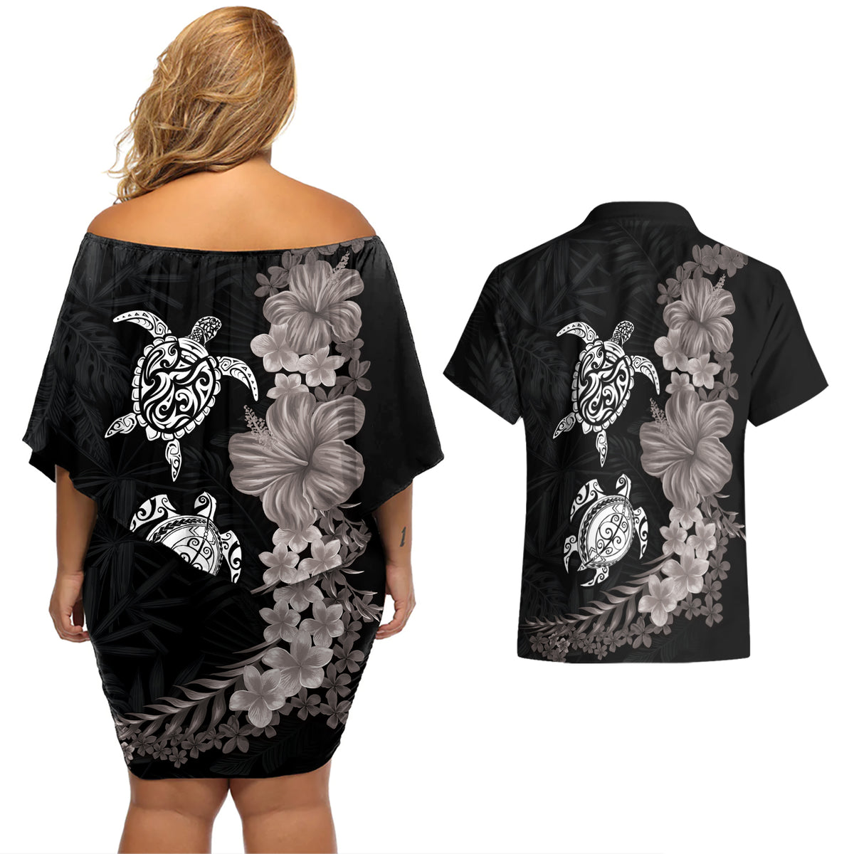 Hawaiian Flower and Tribal Turtle Couples Matching Off Shoulder Short Dress and Hawaiian Shirt Grayscale Mode