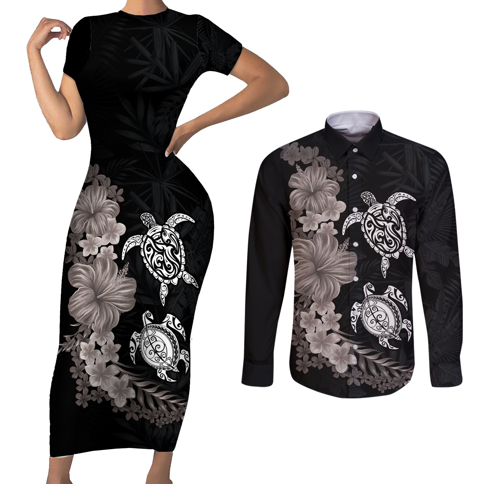Hawaiian Flower and Tribal Turtle Couples Matching Short Sleeve Bodycon Dress and Long Sleeve Button Shirt Grayscale Mode
