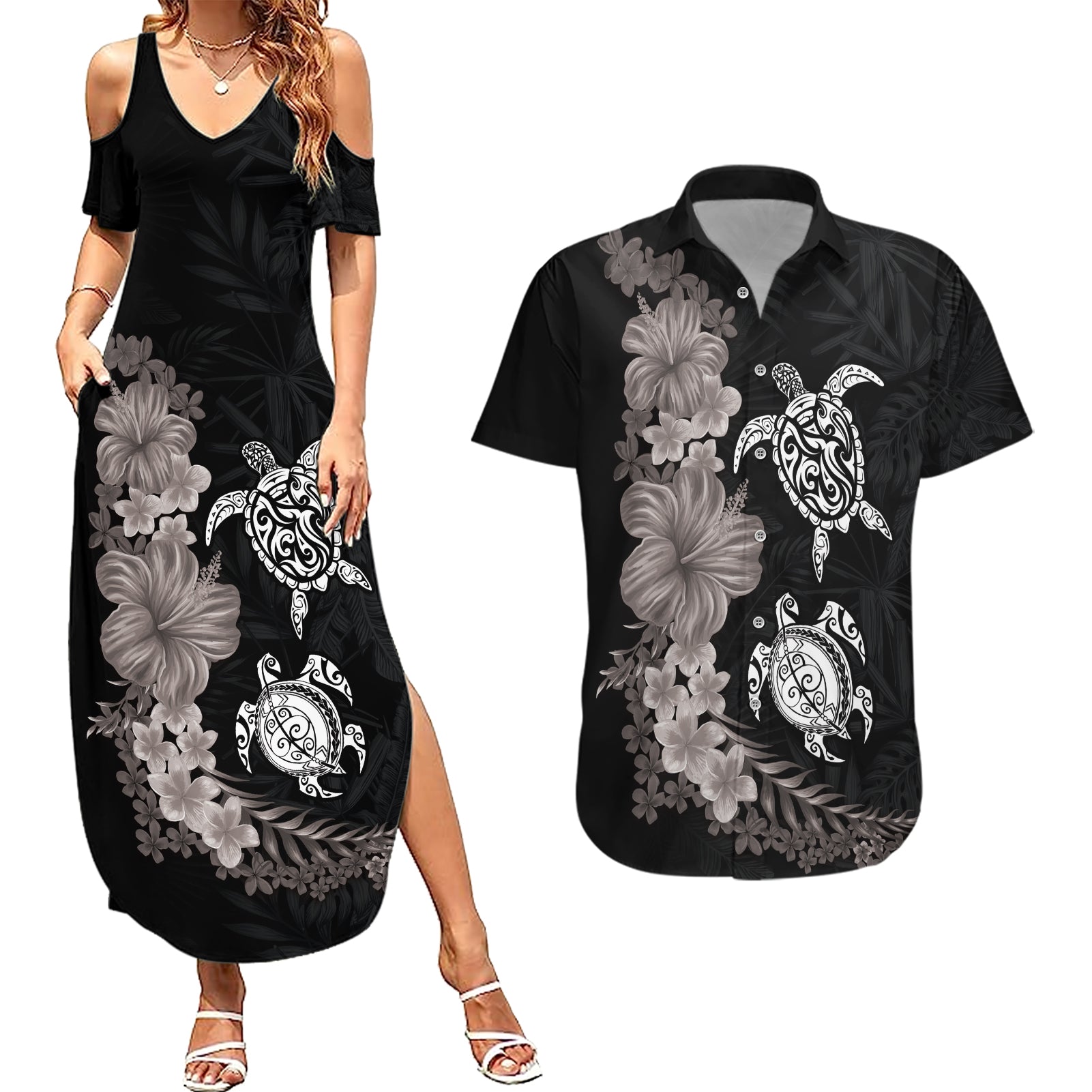 Hawaiian Flower and Tribal Turtle Couples Matching Summer Maxi Dress and Hawaiian Shirt Grayscale Mode
