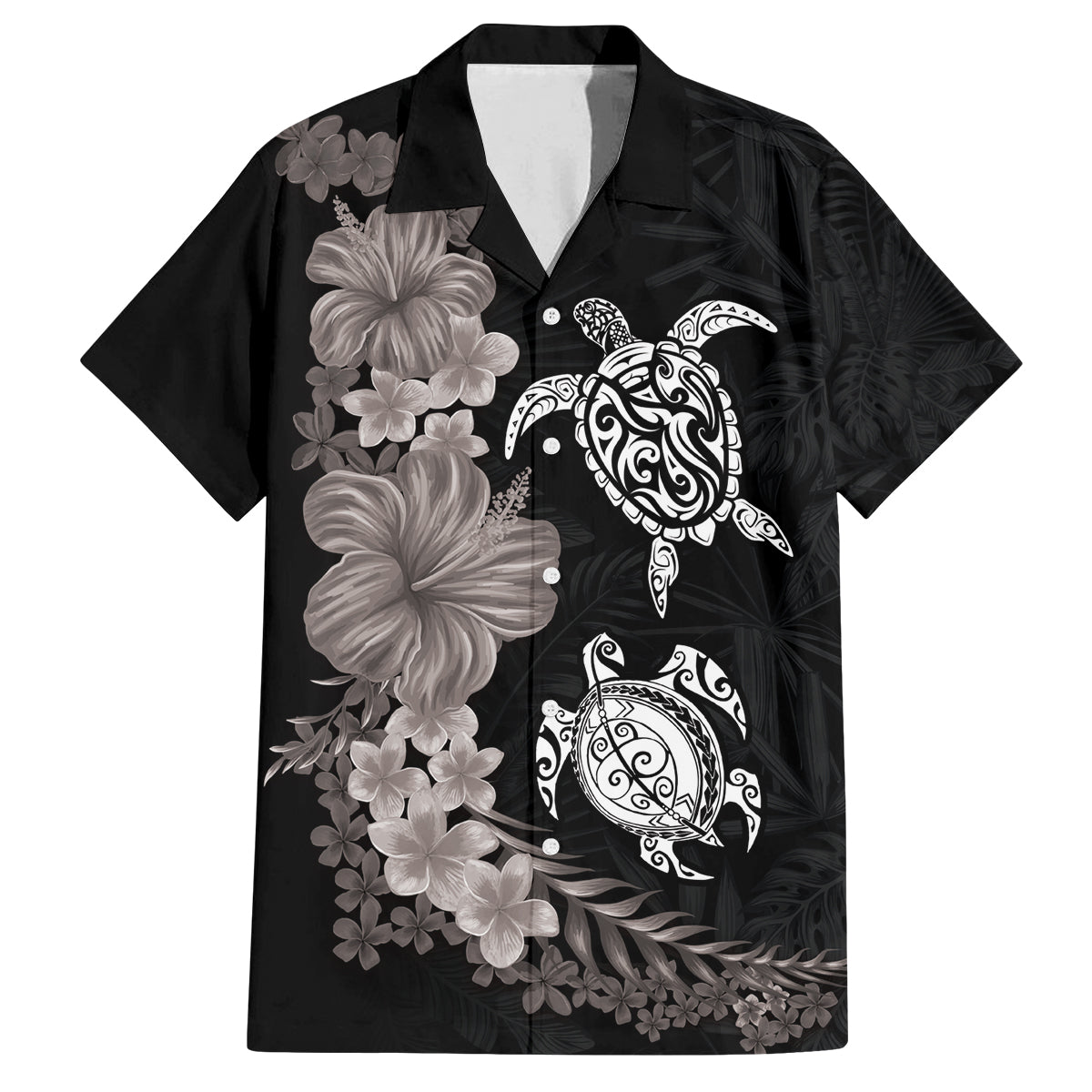 Hawaiian Flower and Tribal Turtle Family Matching Long Sleeve Bodycon Dress and Hawaiian Shirt Grayscale Mode
