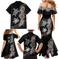 Hawaiian Flower and Tribal Turtle Family Matching Mermaid Dress and Hawaiian Shirt Grayscale Mode