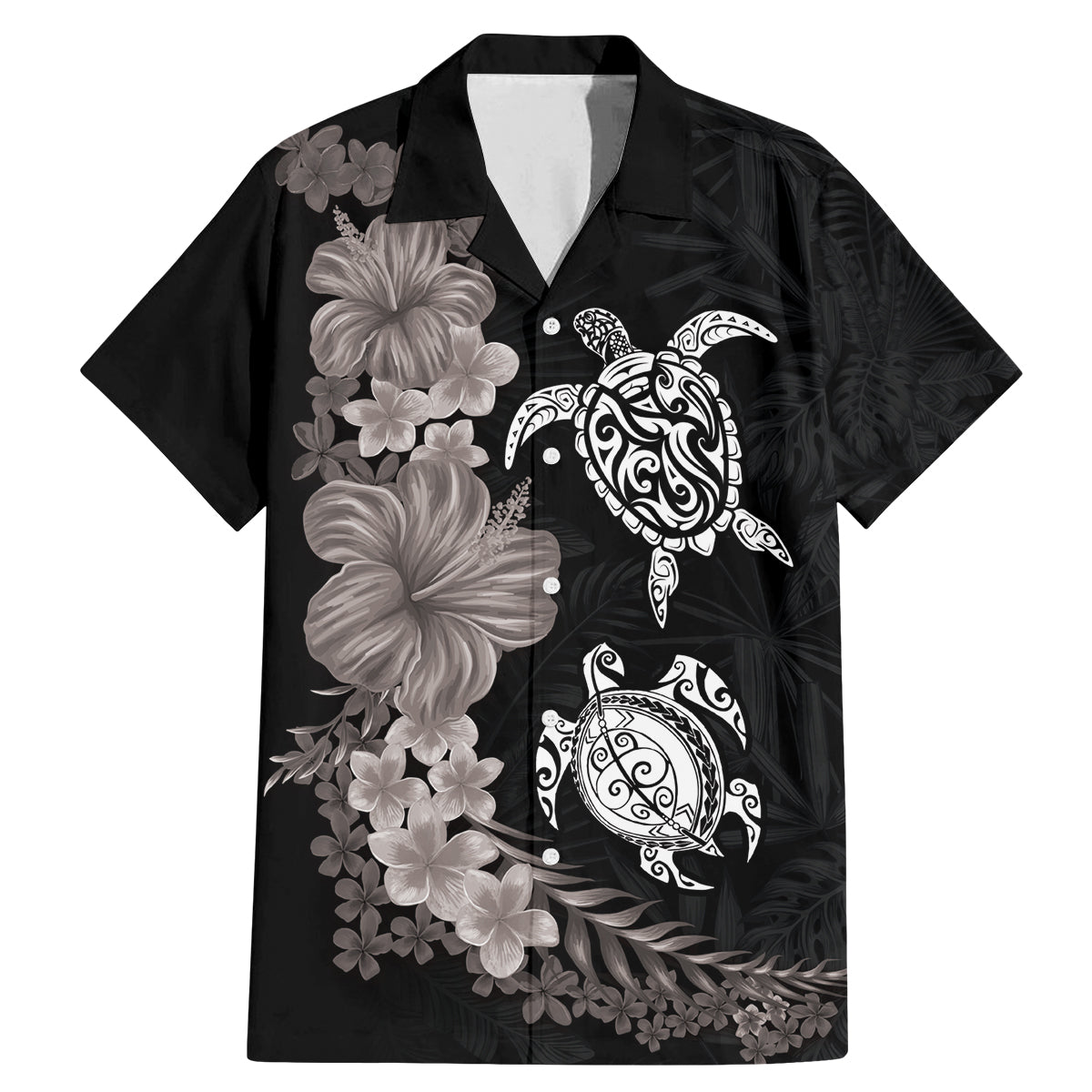 Hawaiian Flower and Tribal Turtle Family Matching Mermaid Dress and Hawaiian Shirt Grayscale Mode