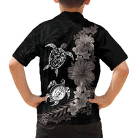 Hawaiian Flower and Tribal Turtle Family Matching Off Shoulder Short Dress and Hawaiian Shirt Grayscale Mode