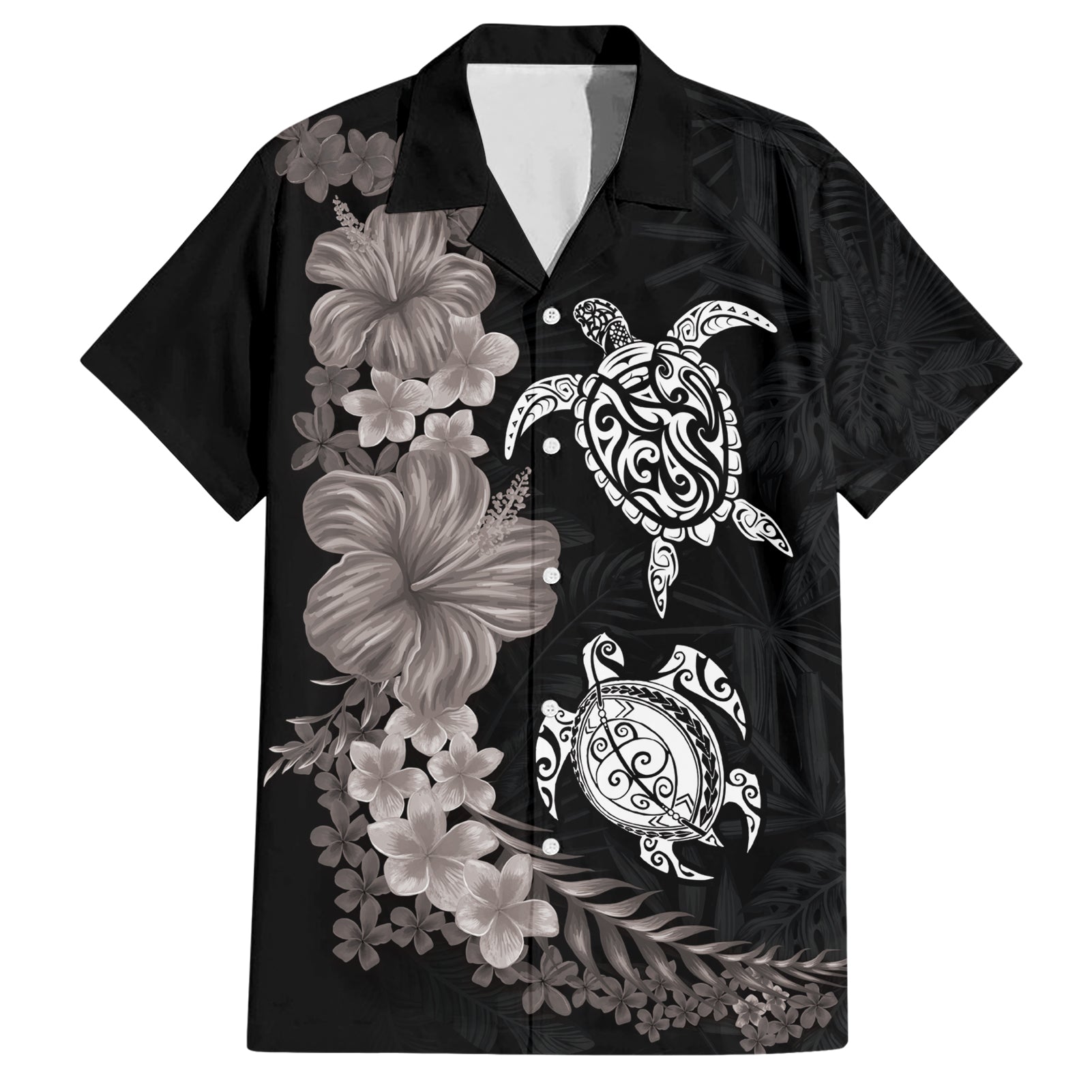 Hawaiian Flower and Tribal Turtle Hawaiian Shirt Grayscale Mode