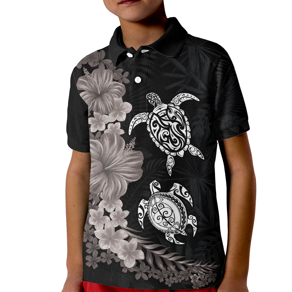 Hawaiian Flower and Tribal Turtle Kid Polo Shirt Grayscale Mode