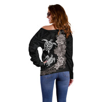 Hawaiian Flower and Tribal Turtle Off Shoulder Sweater Grayscale Mode