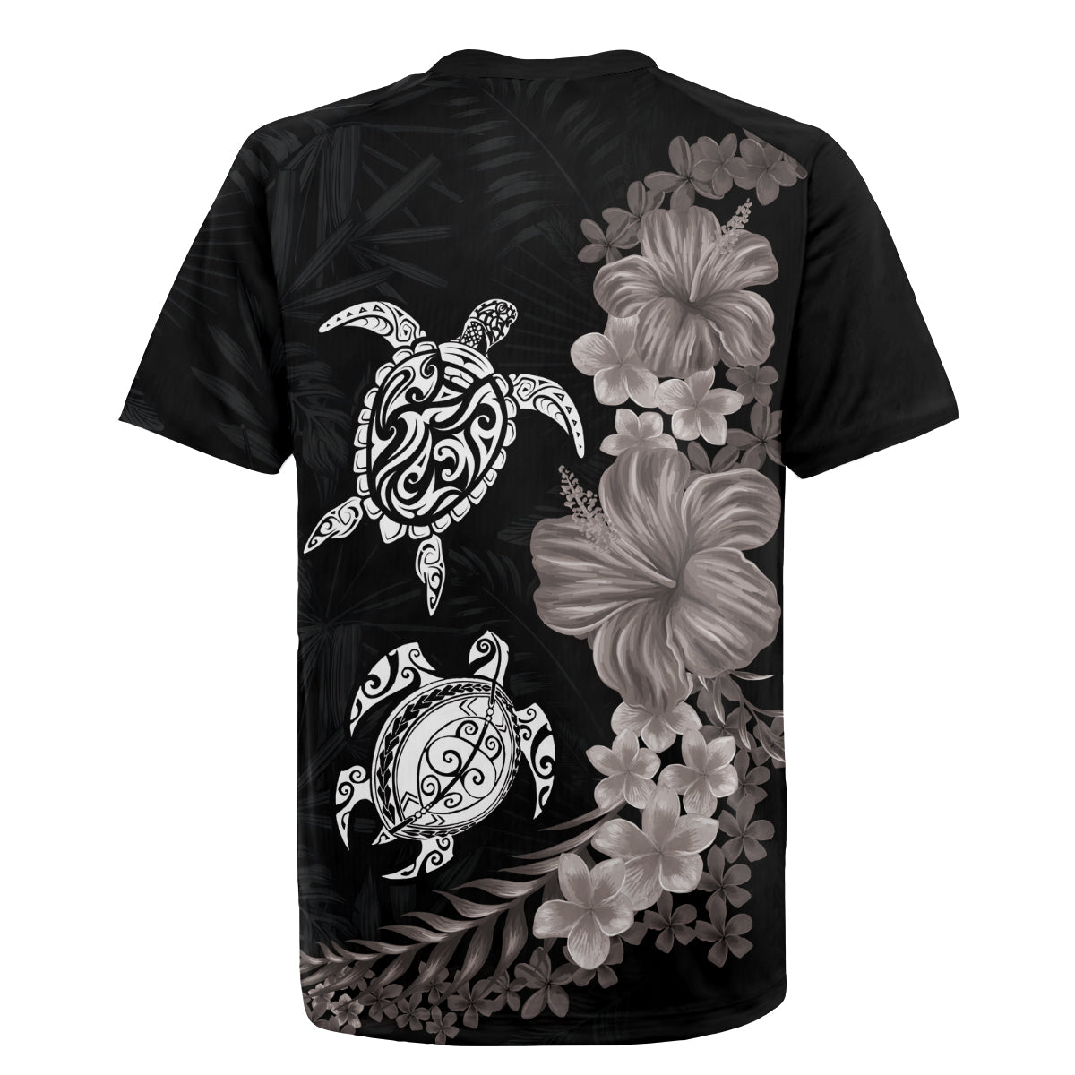 Hawaiian Flower and Tribal Turtle Rugby Jersey Grayscale Mode