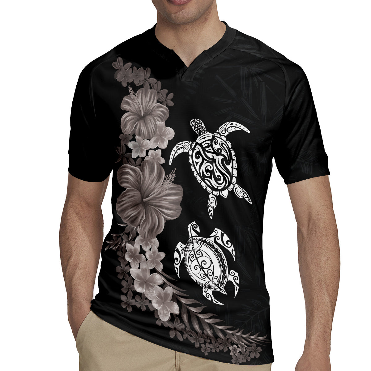 Hawaiian Flower and Tribal Turtle Rugby Jersey Grayscale Mode