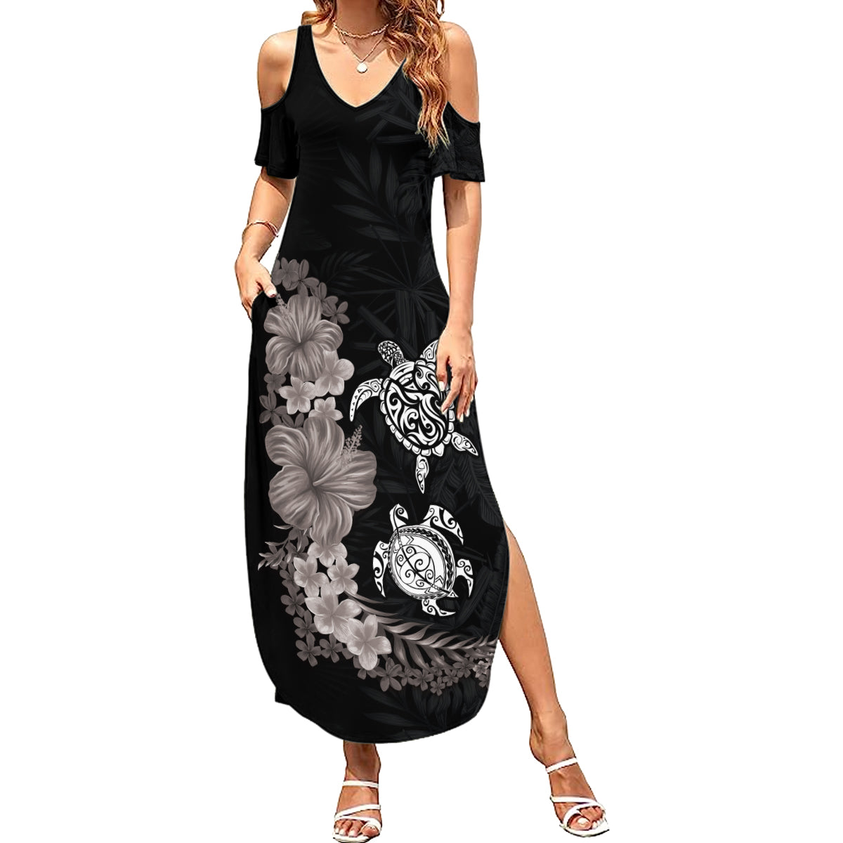 Hawaiian Flower and Tribal Turtle Summer Maxi Dress Grayscale Mode