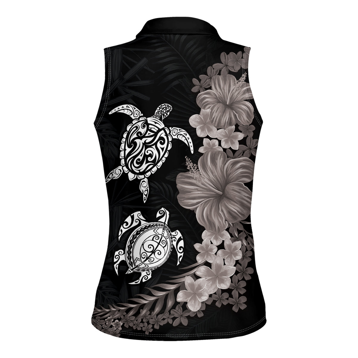 Hawaiian Flower and Tribal Turtle Women Sleeveless Polo Shirt Grayscale Mode