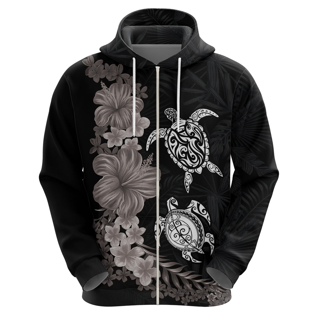 Hawaiian Flower and Tribal Turtle Zip Hoodie Grayscale Mode