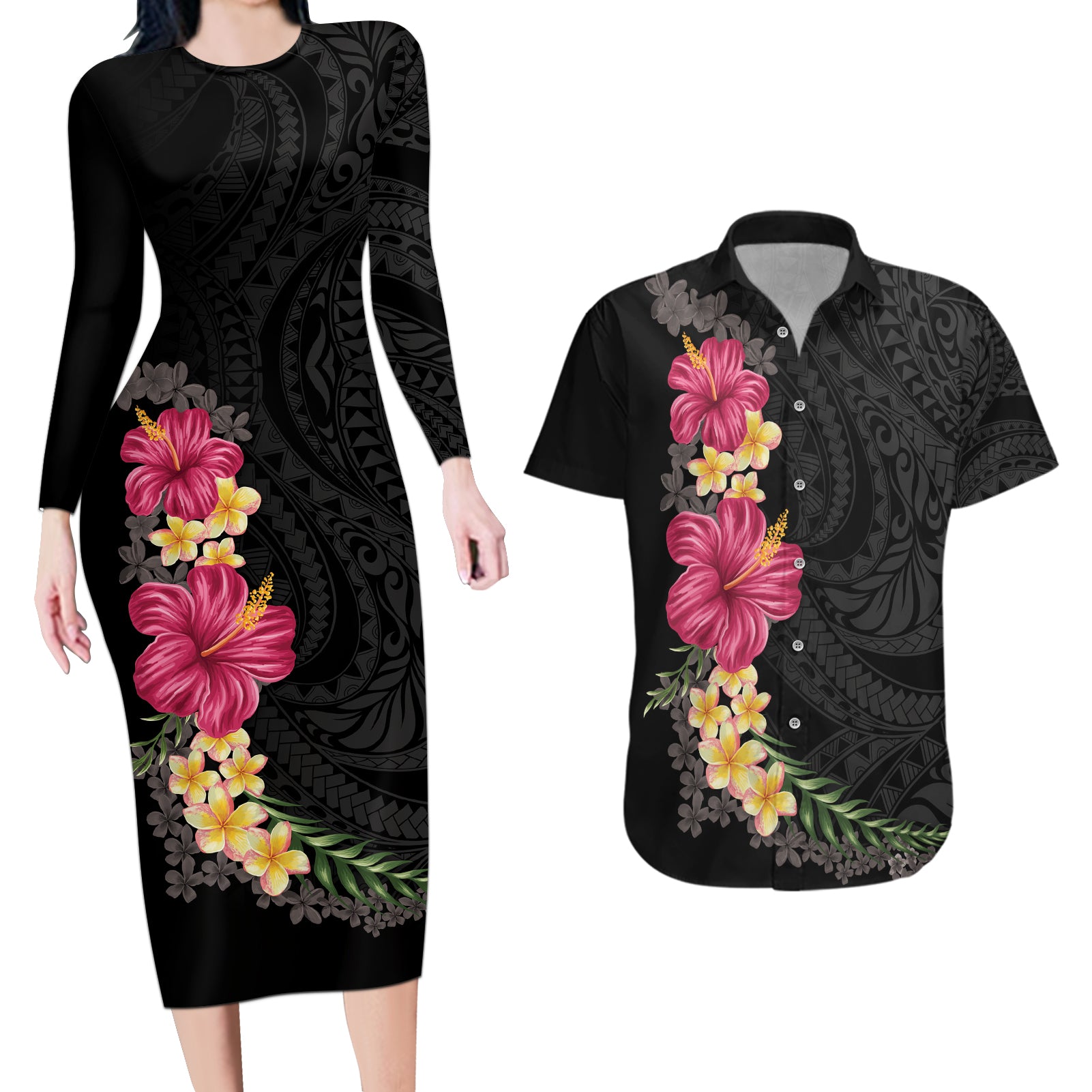 Hawaiian Plumeria and Hibiscus Couples Matching Long Sleeve Bodycon Dress and Hawaiian Shirt Colorful Style