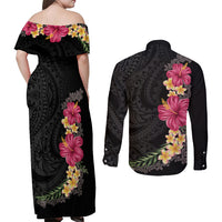 Hawaiian Plumeria and Hibiscus Couples Matching Off Shoulder Maxi Dress and Long Sleeve Button Shirt Colorful Style