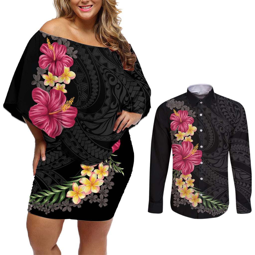 Hawaiian Plumeria and Hibiscus Couples Matching Off Shoulder Short Dress and Long Sleeve Button Shirt Colorful Style