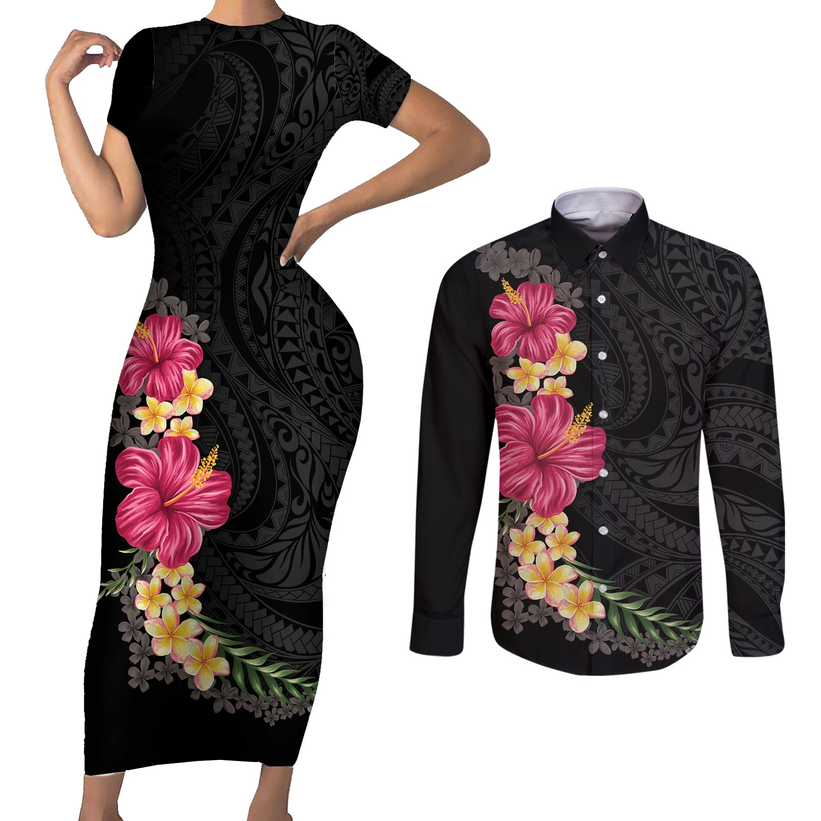 Hawaiian Plumeria and Hibiscus Couples Matching Short Sleeve Bodycon Dress and Long Sleeve Button Shirt Colorful Style