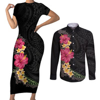 Hawaiian Plumeria and Hibiscus Couples Matching Short Sleeve Bodycon Dress and Long Sleeve Button Shirt Colorful Style