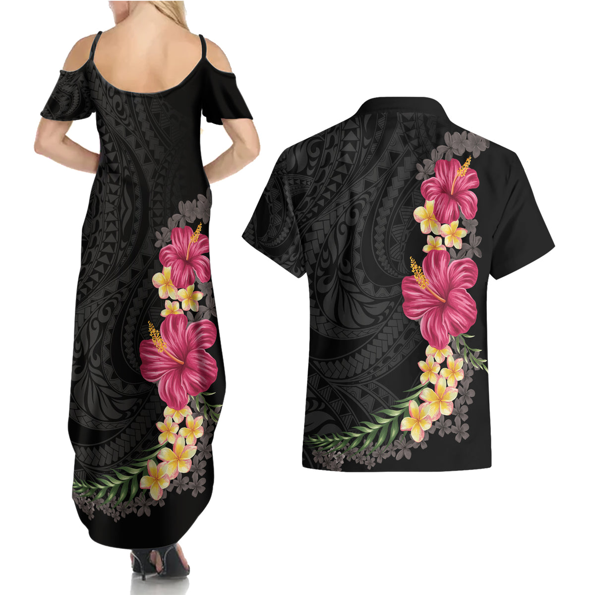 Hawaiian Plumeria and Hibiscus Couples Matching Summer Maxi Dress and Hawaiian Shirt Colorful Style