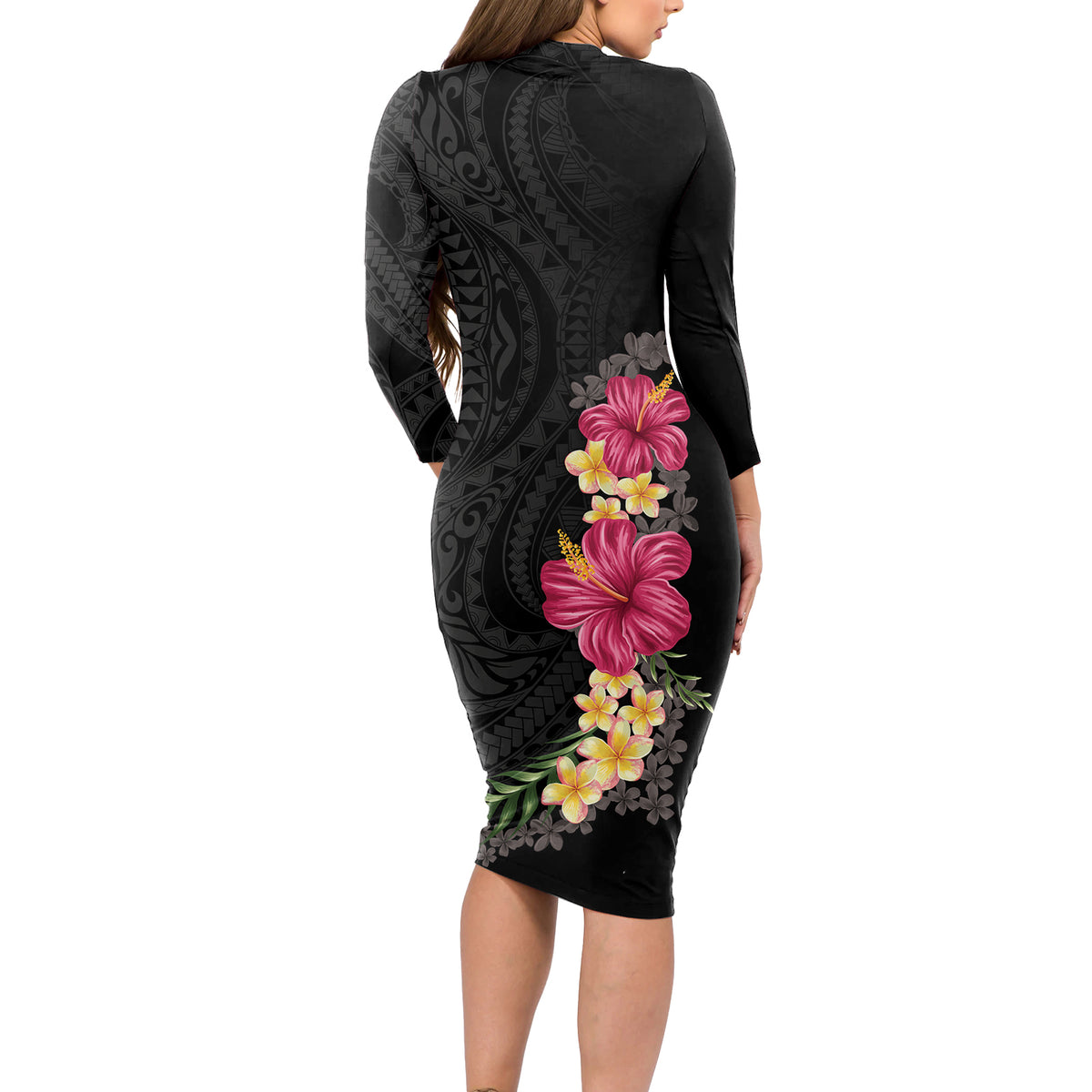Hawaiian Plumeria and Hibiscus Long Sleeve Bodycon Dress Colorful Style