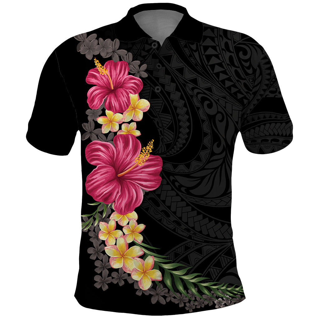 Hawaiian Plumeria and Hibiscus Polo Shirt Colorful Style LT03 Black - Polynesian Pride