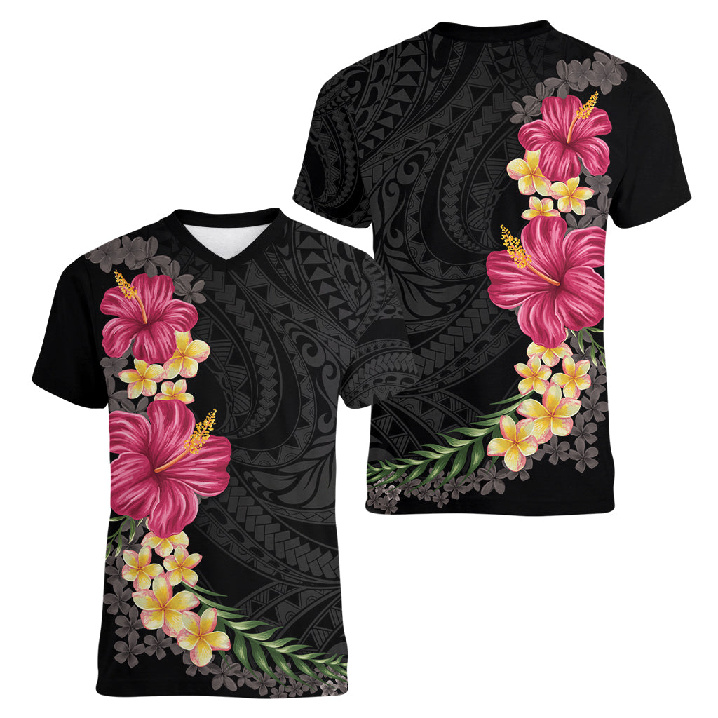 Hawaiian Plumeria and Hibiscus Women V-Neck T-Shirt Colorful Style