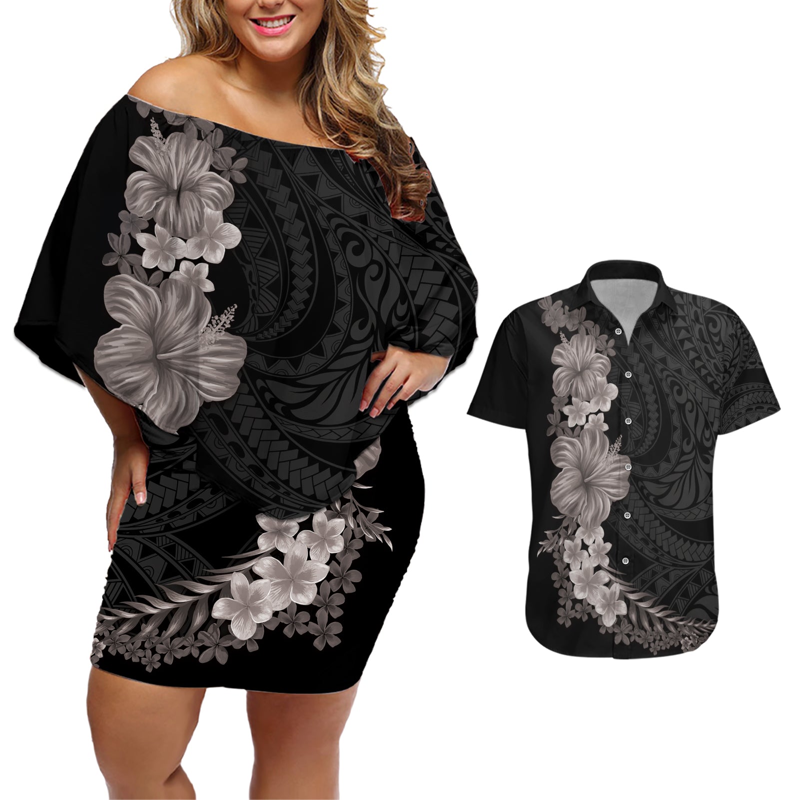 Hawaiian Plumeria and Hibiscus Couples Matching Off Shoulder Short Dress and Hawaiian Shirt Grayscale Mode