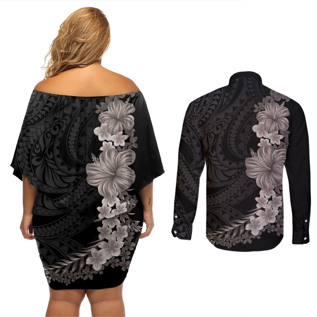 Hawaiian Plumeria and Hibiscus Couples Matching Off Shoulder Short Dress and Long Sleeve Button Shirt Grayscale Mode