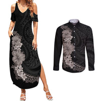Hawaiian Plumeria and Hibiscus Couples Matching Summer Maxi Dress and Long Sleeve Button Shirt Grayscale Mode
