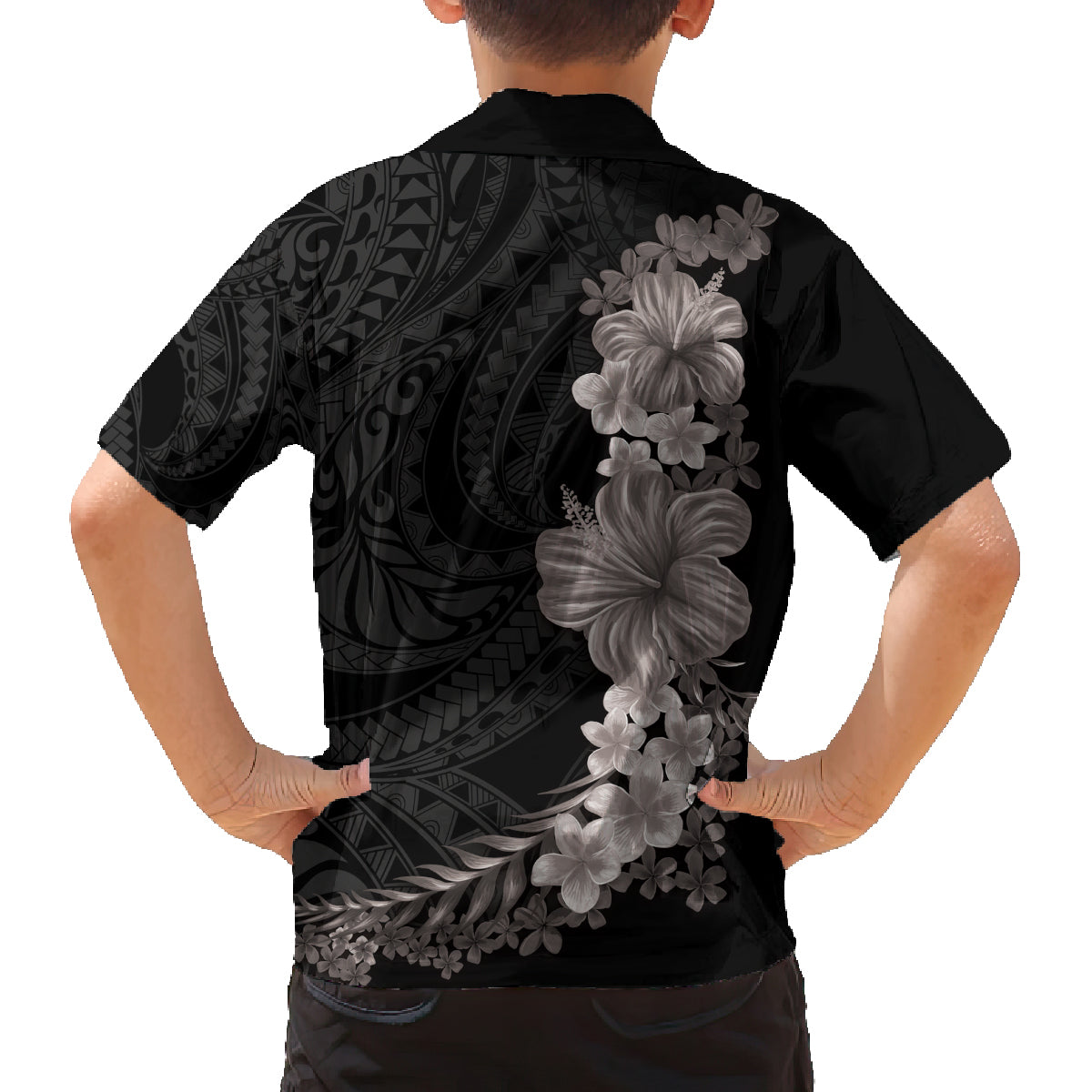 Hawaiian Plumeria and Hibiscus Family Matching Off Shoulder Short Dress and Hawaiian Shirt Grayscale Mode