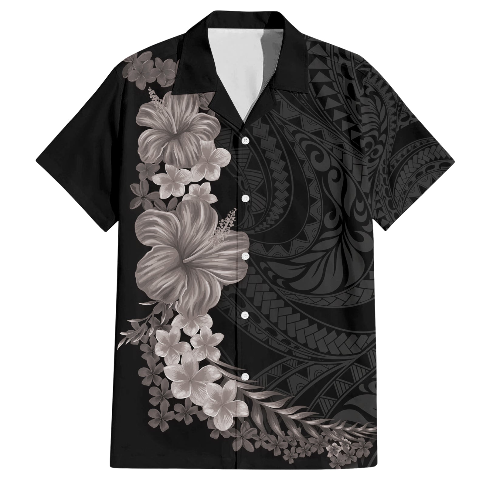 Hawaiian Plumeria and Hibiscus Hawaiian Shirt Grayscale Mode