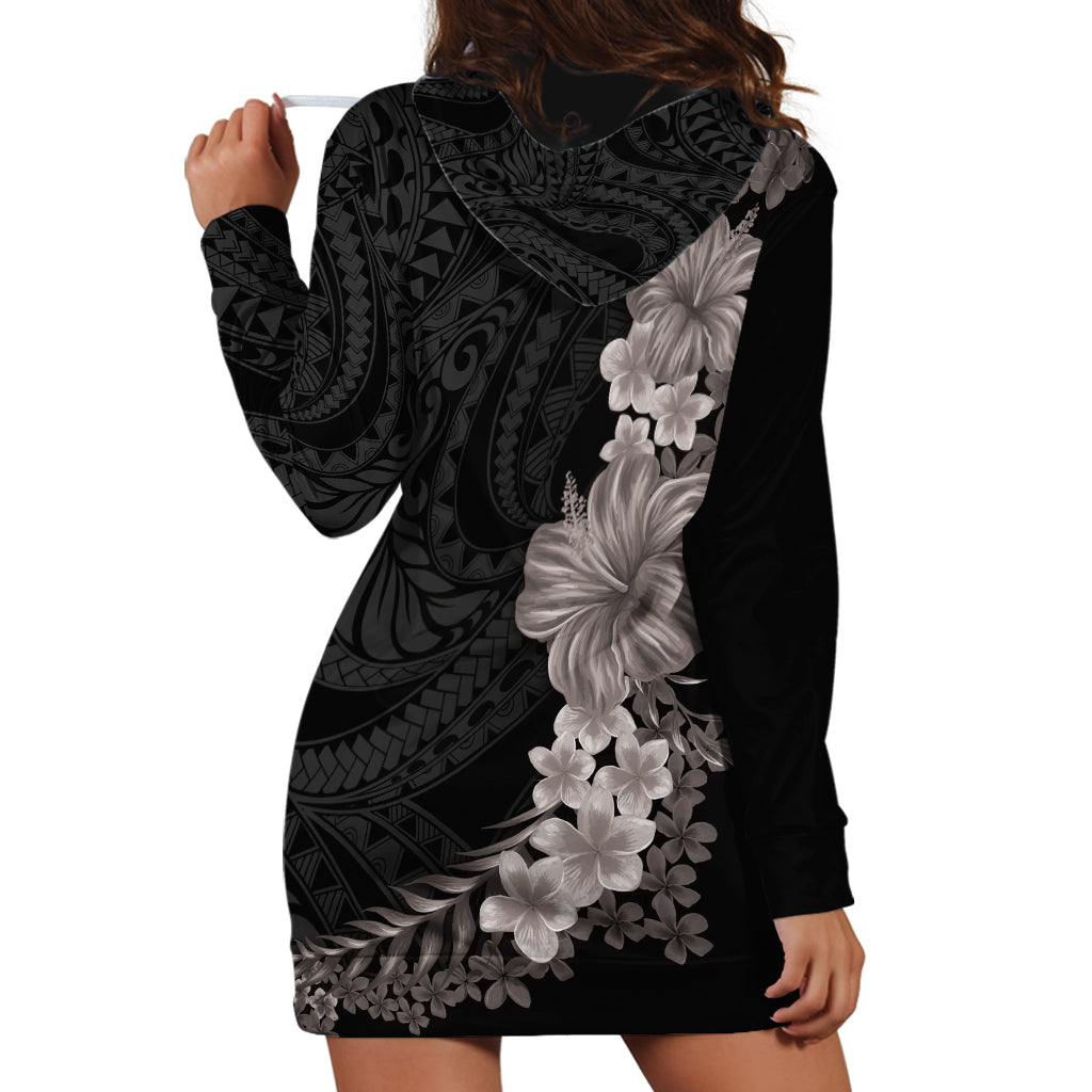 Hawaiian Plumeria and Hibiscus Hoodie Dress Grayscale Mode