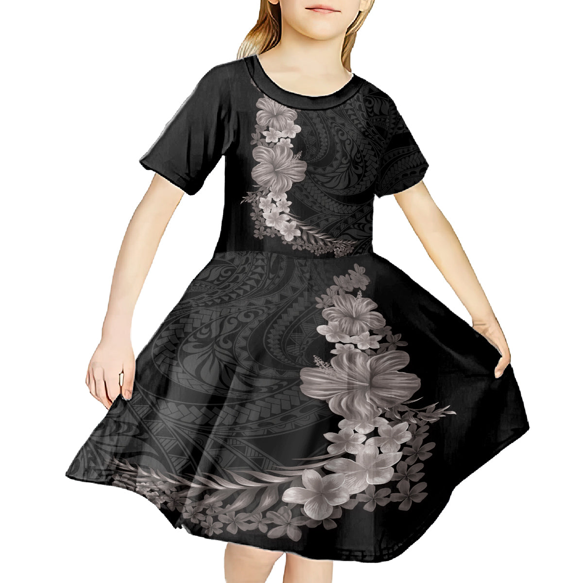 Hawaiian Plumeria and Hibiscus Kid Short Sleeve Dress Grayscale Mode